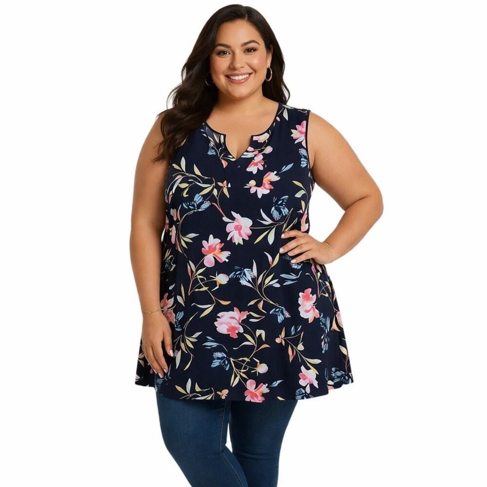 Woman Within Sleevless Top 1X 22/24 Floral Blue Tunic